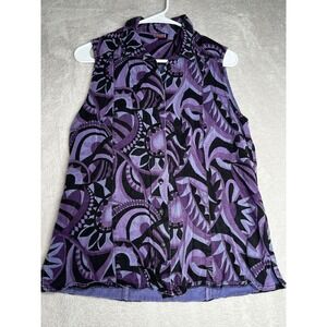 Tianello Sleeveless Purple Black Abstract Print Button Front Shirt Women's XS